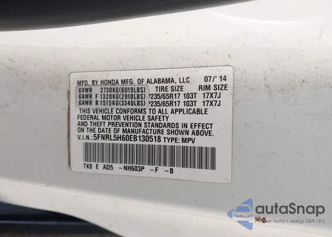 2014 Honda Odyssey Ex-L from USA, damaged, VIN 5FNRL5H60EB130518